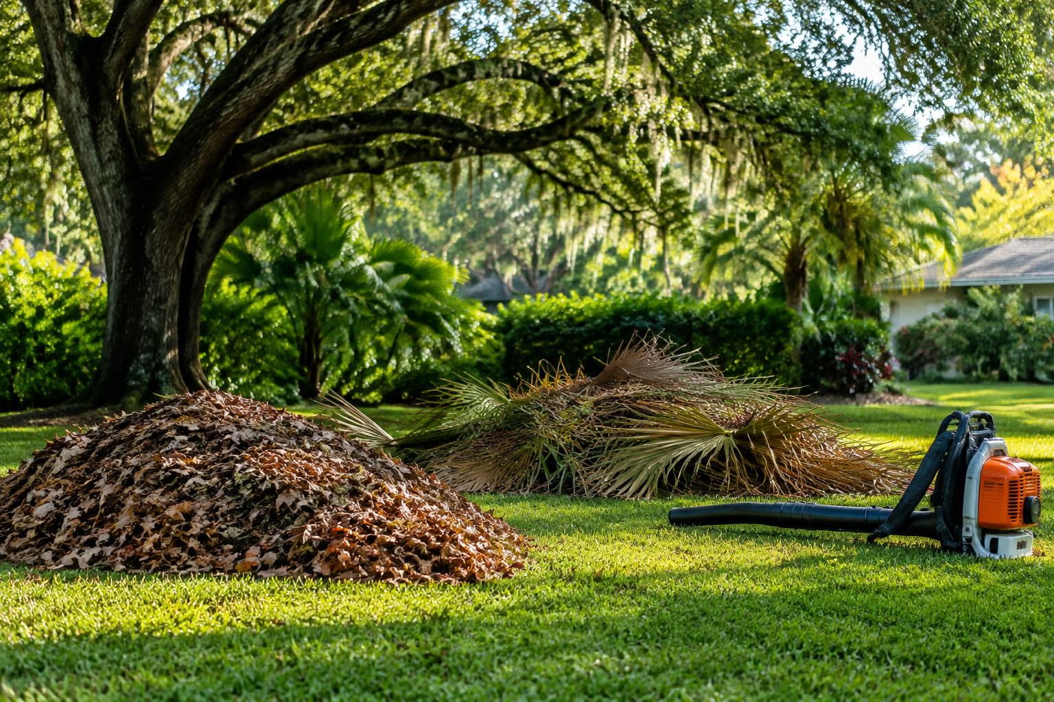 Raked piles of oak leaves and palm fronds on a green lawn with a backpack blower under a live oak