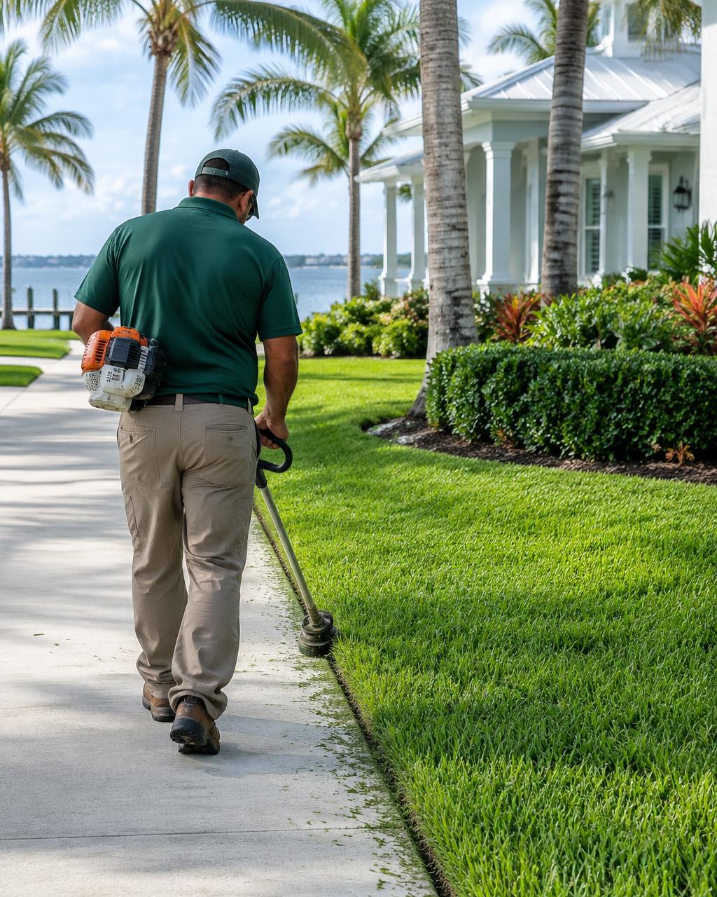 Crew member in a dark green polo edging a sidewalk with a string trimmer beside a coastal home