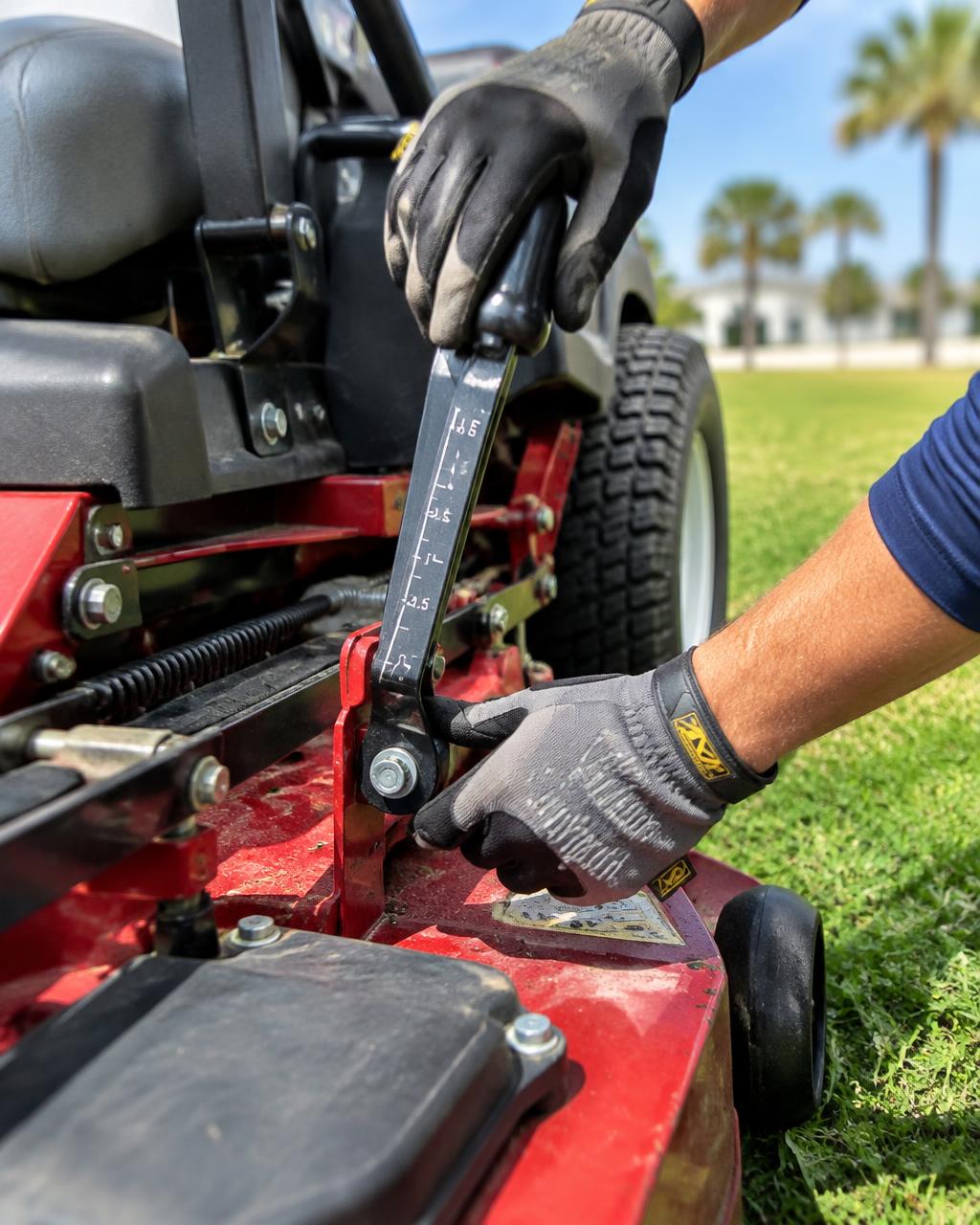 Gloved hands adjusting the deck height on a commercial mower