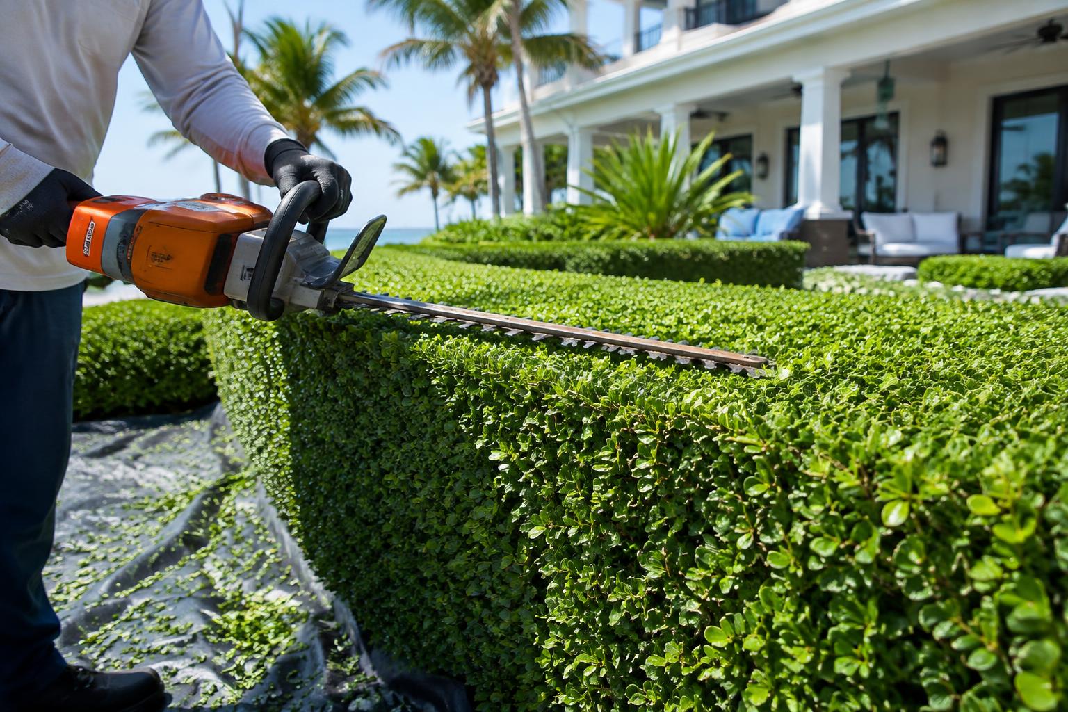 Gloved hands trimming a neat boxwood hedge in front of a coastal Florida home