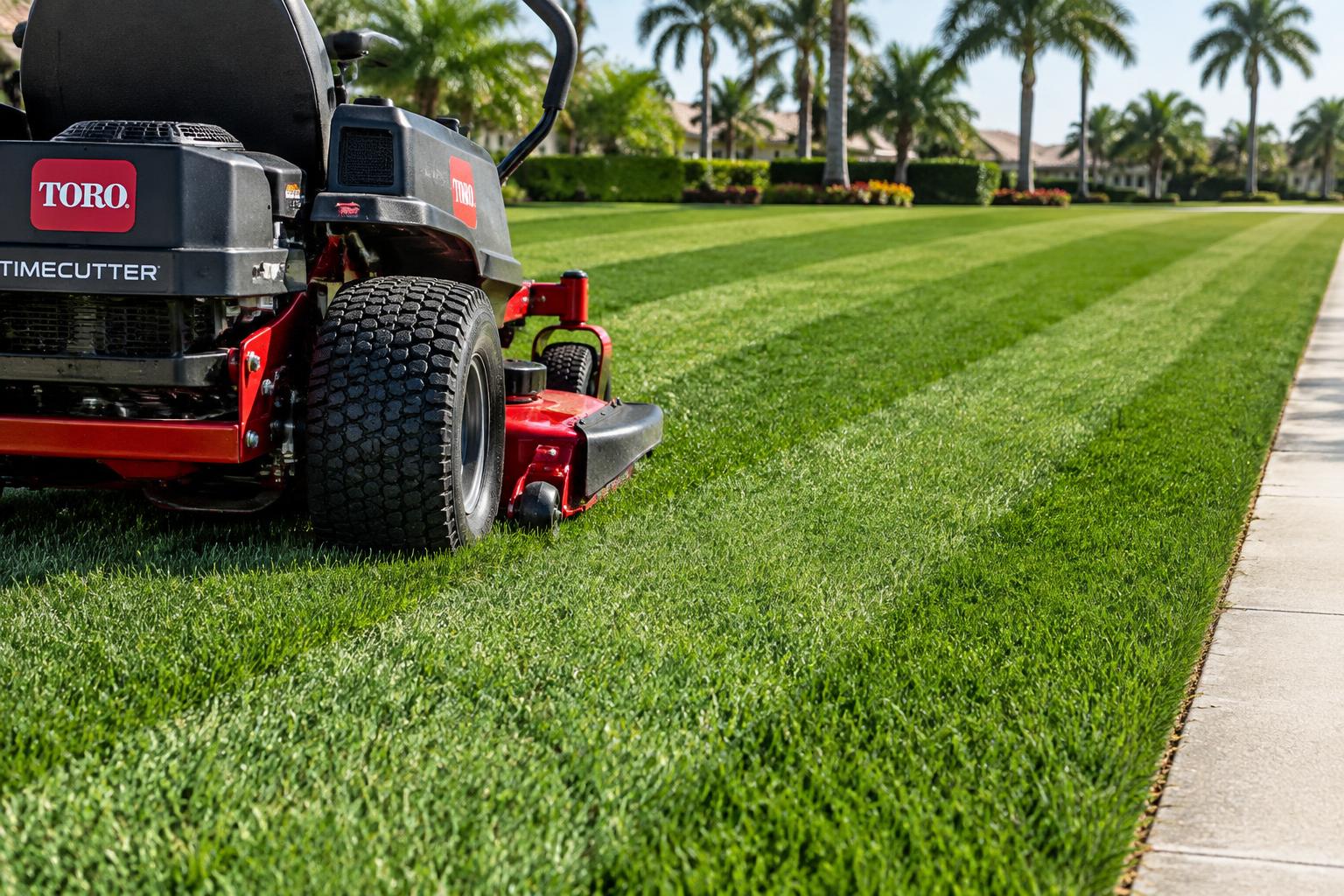 Zero-turn mower leaving crisp stripes on a thick St. Augustine lawn beside an edged sidewalk