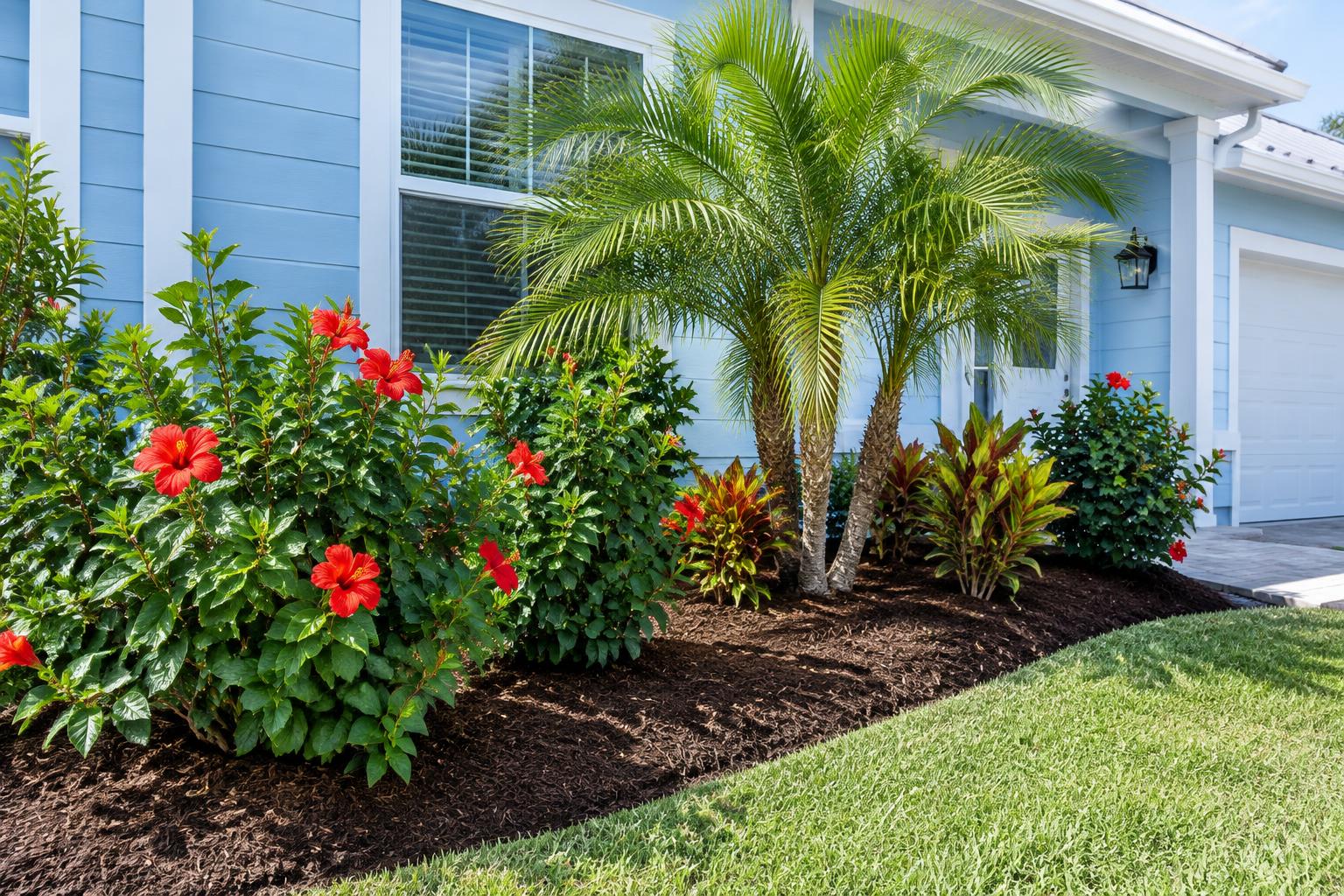 Fresh dark mulch beds with crisp edges around hibiscus and a small palm at a light blue coastal home