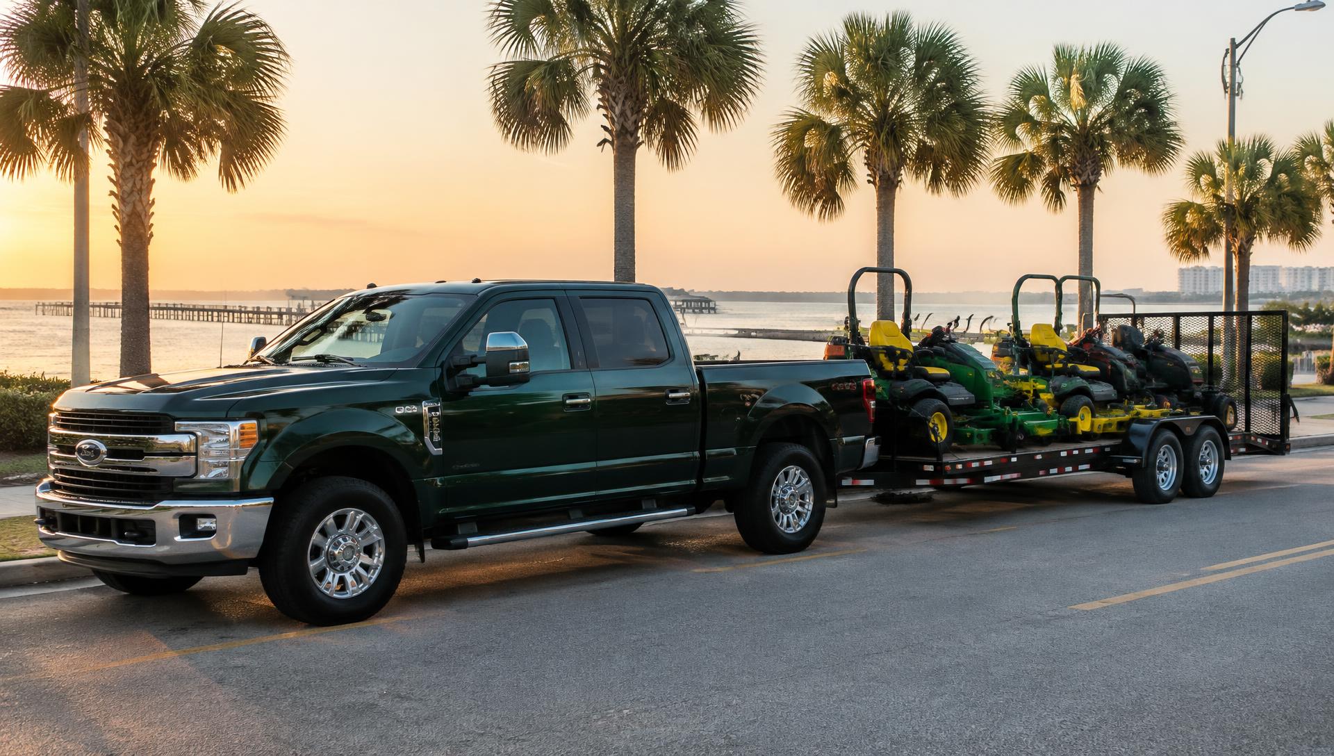 Dark green work truck and mower trailer parked on a palm-lined Fort Walton Beach street